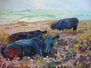 Changing Weather Iridescent painting of cows lying down on Dartmoor